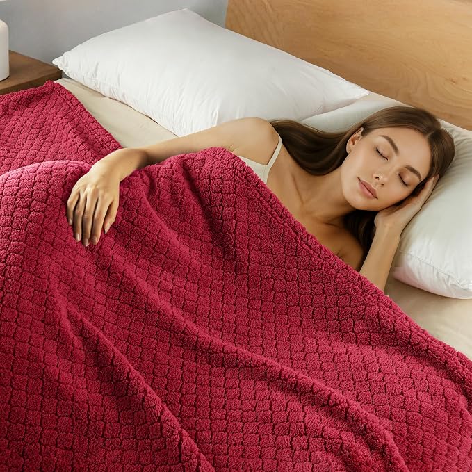 Exclusivo Mezcla Soft Fleece Queen Size Blanket for Bed, Deep Red | Jacquard Lightweight Cozy Bed Blanket, Breathable Decorative Fuzzy Textured All Season Use, 90x90 Inches