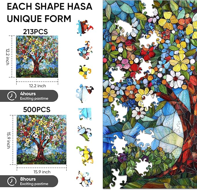 Ixfyloop Stained Glass Wooden Puzzles for Adults, Vibrant Tree of Life Jigsaw Puzzles, 213 Pieces Flower Adults Puzzles, Gifts for Puzzle Lover, 12.2x12.2 inch