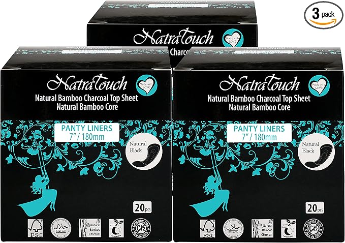 ~ COMPOSTABLE ~ Natural Bamboo Charcoal (PANTYLINER- 3 Pack Total 60 Liners)