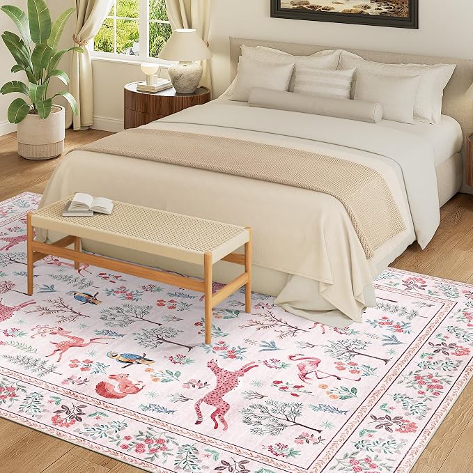 DUKINO 5x7 Area Rugs, Washable Animal Rug for Living Room Non Slip, Pink | Low Pile, Soft Indoor Carpet for Bedroom, Kids Room, Dining Room, Pet Friendly, Farmhouse, Stain Resistant, Non-Shedding