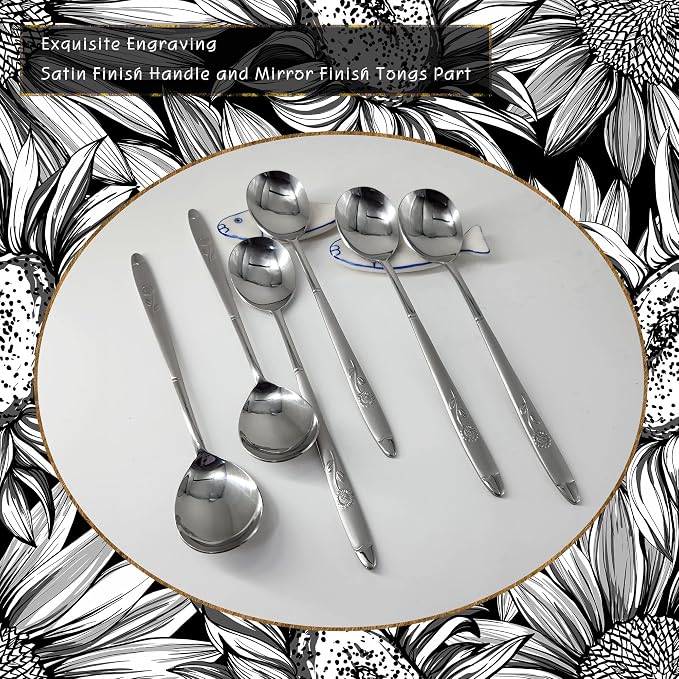 Korean Style Soup Spoons - 8.5 inch Premium Stainless Steel Dessert, Dinner, Rice & Ice Cream Scoop (Sunflower, 6 Pcs)