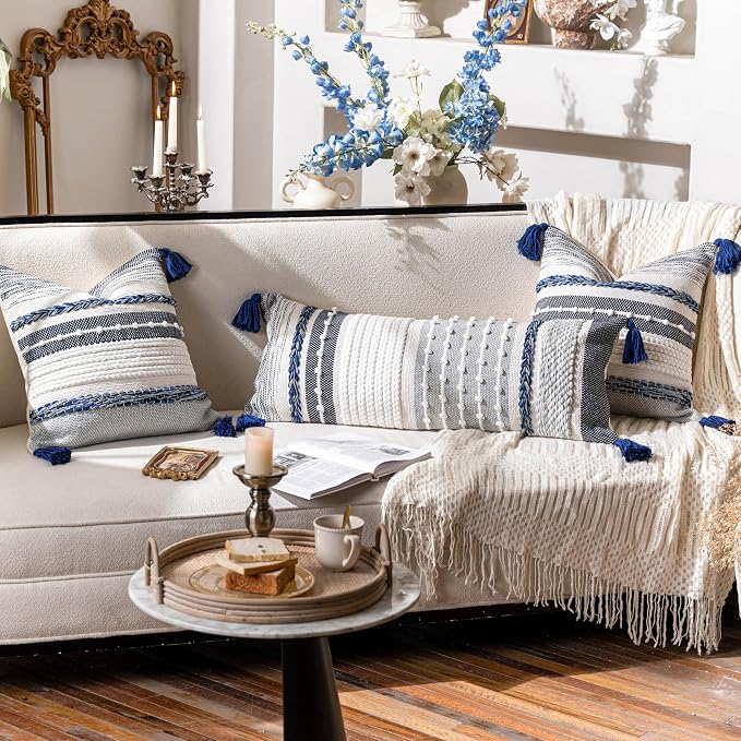 Navy Dark Blue Boho Decorative Lumbar Pillow Cover 14x36, Long Body Pillow for Bed, Accent Lumbar Throw Pillow for Couch, Modern Farmhouse Textured Pillowcase