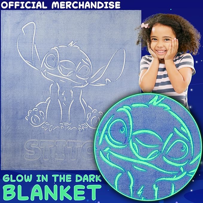 Disney Stitch Glow in The Dark Throw Blanket 51x59”, Soft Fleece Throw Blanket for Sofa Bed, Cozy Warm, Gifts for Kids, Teens, Adults (Blue Stitch)