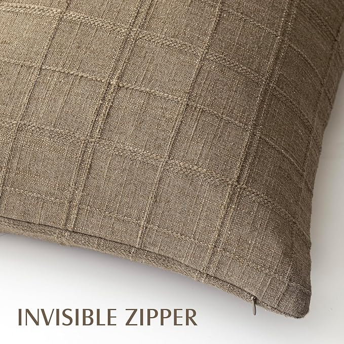 Foindtower Set of 2 Decorative Linen Check Throw Pillow Covers Neutral Farmhouse Vintage Cushion Covers Modern Boho Home Decor for Sofa Chair Couch Bedroom Living Room,24×24 Inch,Light Brown