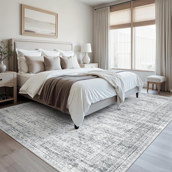 Soalmost 10x12 Area Rugs for Living Room Washable Rug Non-Slip Grey | Large Vintage Stain Resistant Carpet for Dining Bedroom, Low Pile Lightweight Foldable Floor Mat Nursery Home Office Decor