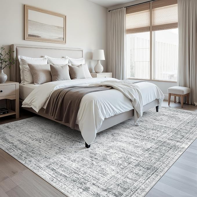 Soalmost Washable Area Rug 8x10 Large Soft Grey Rugs for Living Room | Vintage Non-Slip Carpet for Dining Bedroom, Stain Resistant Low Pile Foldable Lightweight Floor Mat Under Table Home Decor