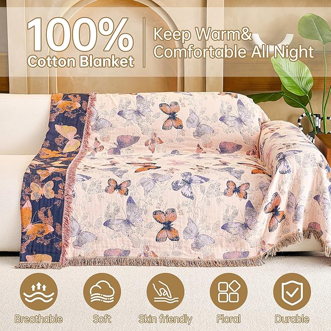 VANJOROY Boho Throw Blanket, 100% Organic Cotton Breathable Ultra Soft 91" x 108" King Bed Quilt Throw - All Season Floral Rustic Farmhouse Decor Luxury Blanket for Sofa Couch Chair and Gift