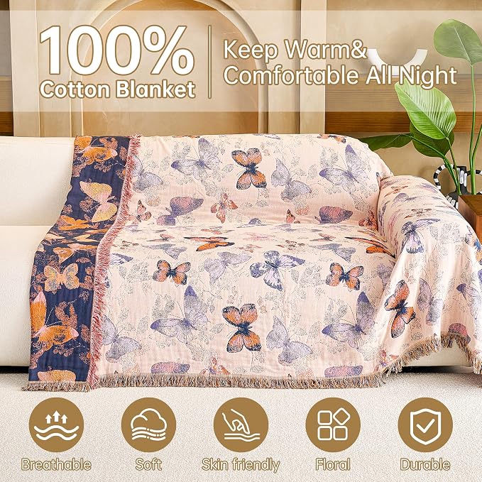 VANJOROY Boho Throw Blanket King, 100% Organic Cotton Breathable Ultra Soft 91" x 98" Bed Quilt Throw - All Season Floral Rustic Farmhouse Decor Luxury Reversible Blanket for Sofa Couch Chair and Gift
