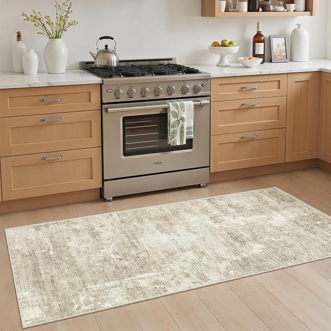 Soalmost Abstratc Runner Rug 2x6 Kitchen Hallway Runners Beige/Gray | Low-Pile Washable Rugs for Entry Bathroom Laundry Room, Vintage Foldable Floor Carpet Mat Entryway for Corridor Bedroom