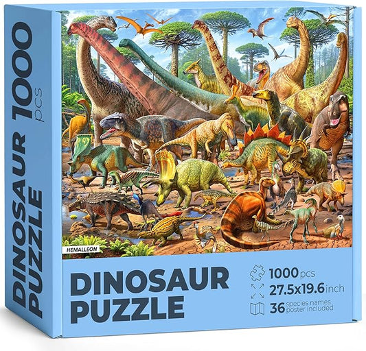Dinosaur Scene - Jigsaw Puzzles for Adults 1000 Pieces - Hand Drawn Illustration - 1:1 Poster with Dino Names & Marks Included - Thick Cardboard No Puzzle Dust - Fun & Engaging Screen-Free Time