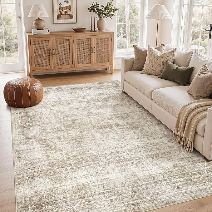 cotiled Washable Area Rugs 6x9 Living Room | Non Slip Backing, Stain Resistant, Pet Friendly, Large Neutral Soft Indoor Carpet For Bedroom, Nursery, Office, Beige/Brown