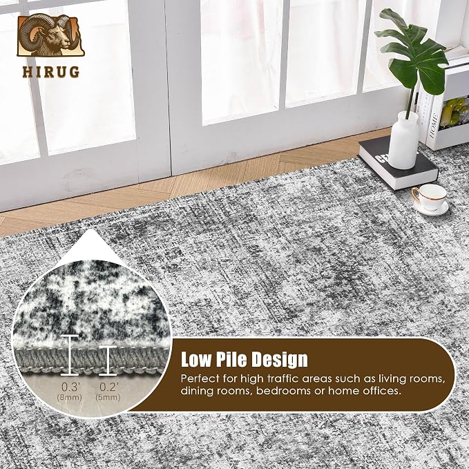 Washable Area Rug 3' x 5 ' Vintage Traditional Persian Mat - Foldable Distressed Non-Slip Machine Washable Carpet for Living Room Bedroom Kitchen Home Decor - Graphite and Mist