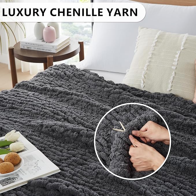 L'AGRATY Chunky Knit Throw Blanket for Couch, 72 x 84 Inches, Dark Grey | Handmade Chenille Crochet Blanket for Sofa Bed, Thick Cable Knitted Blankets for Room Home Decor, Birthday Gift for Women Mom