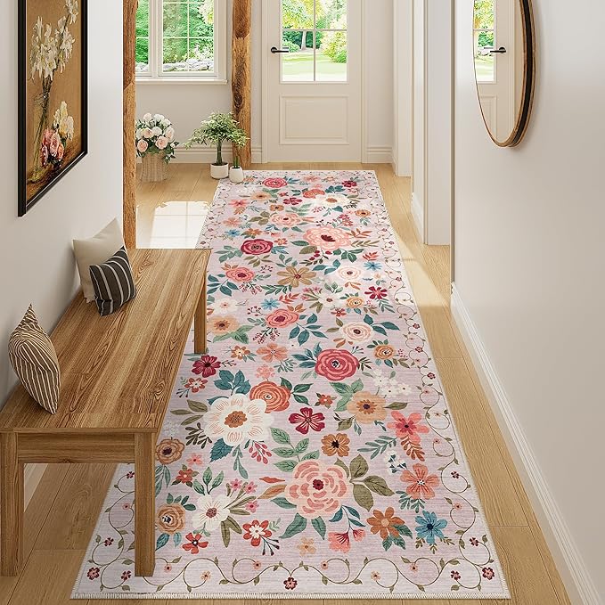 DUKINO 3x8 Kitchen Runner Rug, Washable Rug for Hallway Non Slip, Beige | Soft, Low Pile, Floral Indoor Carpet Runner for Hallway, Entryway, Bedroom, Bathroom, Laundry, Pet Friendly, Home Decor