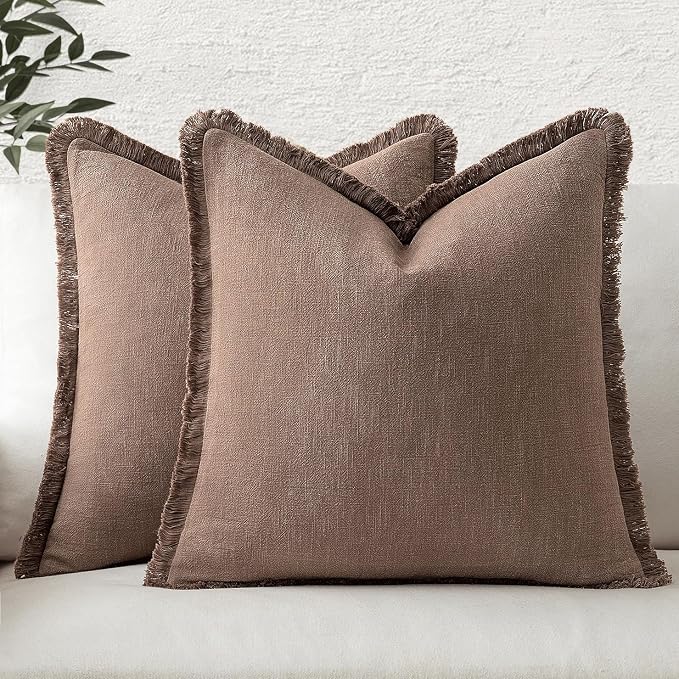 MIULEE Linen Fringe Decorative Fall Throw Pillow Covers Dark Coffee 18x18 | Set of 2, Cottagecore Decor, Boho Farmhouse Neutral Pillow Covers, Rustic Fall Couch Cushion Cases for Sofa Bed Living Room