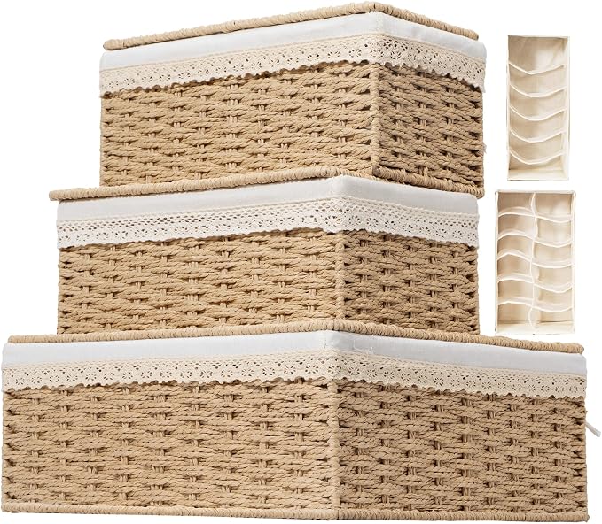 Nonam Large Basket with Lid set of 3, Rattan Divided Baskets Organizer for Shelf, Natural Wicker Storage Basket Bins for Closet, Boho Shelf Decor Covered Basket Home Storage Container