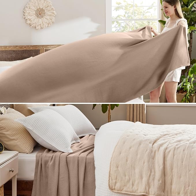 Bedsure GentleSoft 100% Cotton Blanket Queen Size for Bed - Cooling Breathable and Lightweight, Soft Cozy Textured Herringbone Woven Summer Blanket for Home Decor, Coffee Brown, 90x90 inches