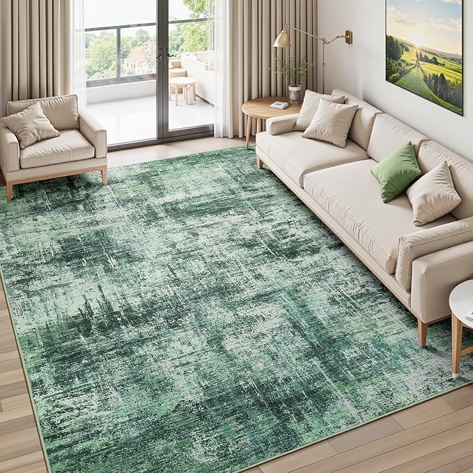 Lofus 5x7 Area Rug for Living Room, Abstract Washable Non-Slip Rugs, Green | Neutral Modern Carpet for Bedroom Dining Room Home Office Nursery, Stain Resistant Non-Shedding Foldable Indoor Rug