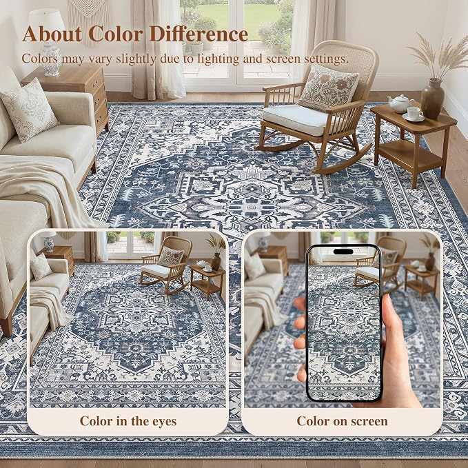 UERMEI 10x12 Area Rug for Living Room - Washable Vintage Carpet, Non-Slip Soft Large Indoor Floor Rugs for Bedroom Home Office & Under Dining Table Decor, Denim Blue/White