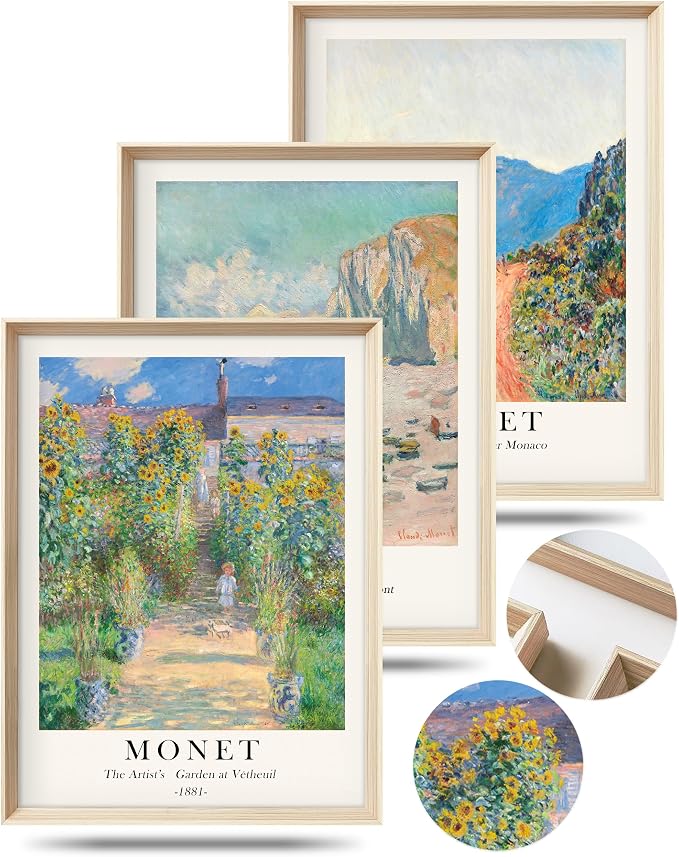 HesenDot Framed Wall Art, Claude Monet Landscape Canvas Prints Set | 12x16IN 3 Piece Set,High Framed Design Canvas Prints,Vintage Impressionism Artwork,Wall Decor for Living Room Bedroom Office