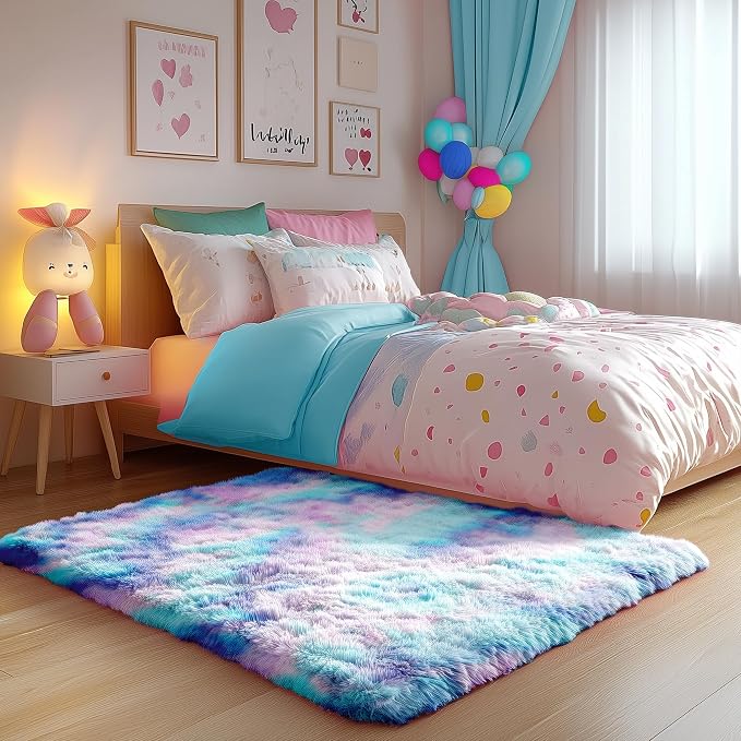 PAGISOFE Adorable Rainbow Mermaid Rugs for Girls Bedroom Plush Fluffy Purple Rug 3x5 Ft,Kawaii Carpet for Living Room,Non-Slip Indoor Princess Rugs for Nursery Kids Girls Room Home Cute Colorful Decor