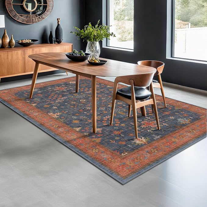 Hazo Haus Navy Blue Area Rug 5x7 Living Room Rug - Machine Washable Rugs for Bedroom, Dining Room, Kitchen Floor, Small Office, Low Pile Non-Slip Rubber Backing & Stain Resistance