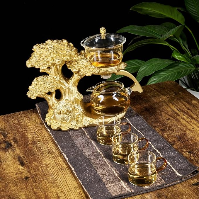 Zurucily Glass Teapot Set with Infuser Semi Automatic Tea Set Magic Teapot (Tree - golden)