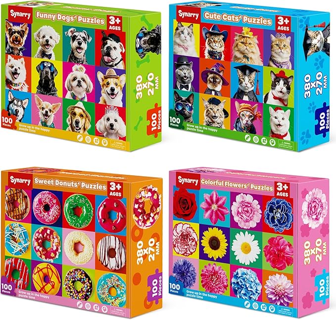 SYNARRY 100 Piece Puzzles for Kids Ages 4-6, Cats Dogs Flowers Donuts Puzzles for Kids Ages 6-8, Large Jigsaw Puzzles for 4-8 Years Old, Educational Toys Gifts for 3-5 5-8 8-10 Years Old Boys Girls