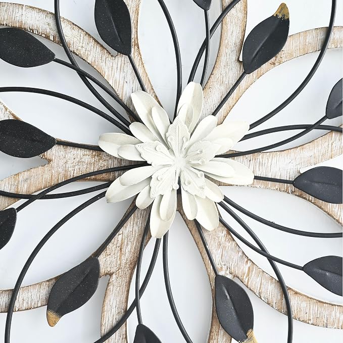 Remenna Whitewash Flowers Wood Wall Decor, Metal Rustic Wall Art Farmhouse Wall Decorations Multiple Floral Hanging Decor for Bathroom Living Room Home Office Garden Kitchen