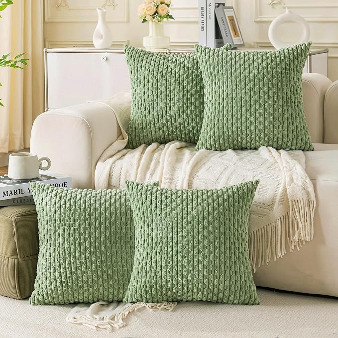 Set of 4 Sage Green Decorative Throw Pillow Covers 16x16 Inch Corduroy Pillow Covers for Bed Couch Sofa Living Room Soft Square Cushion Cases