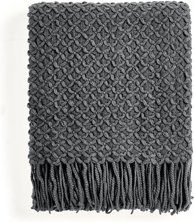 CREVENT Farmhouse Boho Knitted Throw Blanket for Couch Sofa Chair Bed Home Decoration, Soft Warm Cozy Light Weight for Spring Summer Fall (50''X60'' Dark Grey)