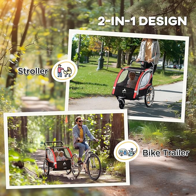 Aosom 2-in-1 Walk/Ride Child Baby Bike Trailer for Kids 2 Seater, High-Visibility Bike Stroller for Toddler Wagon, Weather-Strong Double Bicycle Trailer Accessory for Kids