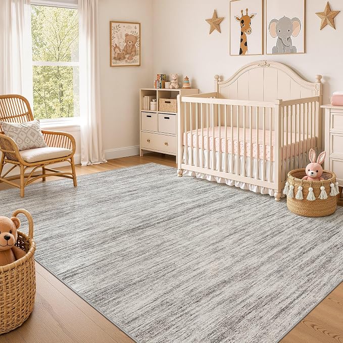 Nakagishi 10X12 Area Rugs Living Room: Washable Large Vintage Rug Neutral Non-Slip Soft Stain Resistant Indoor Carpet for Bedroom Nursery Dining Room Office Playroom - Grey
