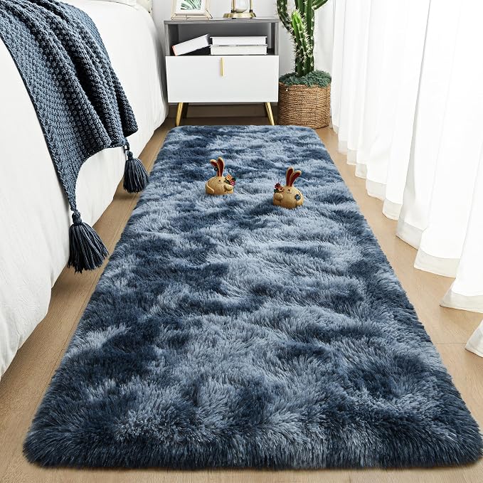 Tepook Soft Runner Rugs for Bedroom Living Room, Fluffy Plush Rug 2x6 for Kids Girls Room, Shag Furry Area Rug Non Slip Carpet for Nursery Children Dorm Home Decor, Tie-dye Dark Blue
