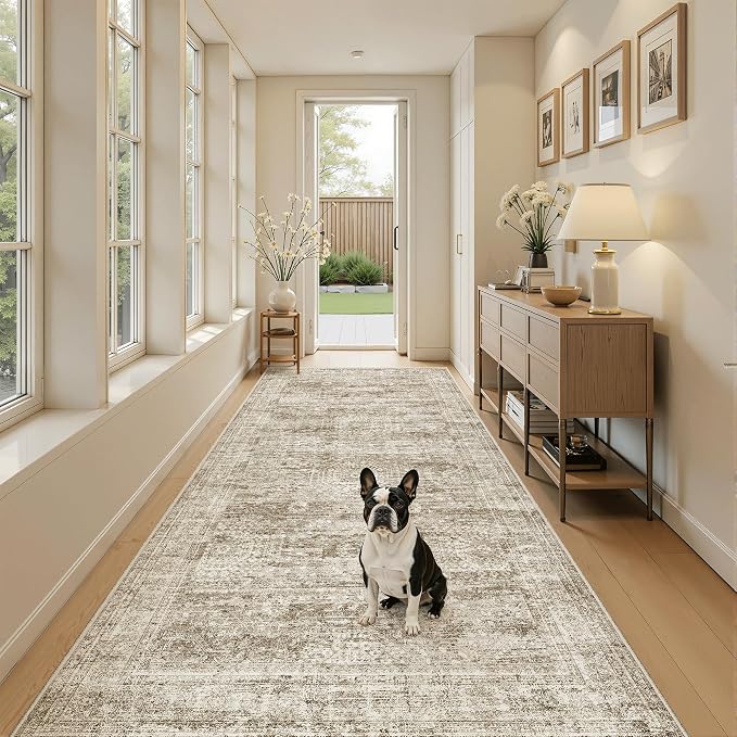 Soalmost Washable 4x8 Hallway Runner Rug Non-Slip Kitchen Entry Rugs Brown | Vintage Wide Runners for Living Dining Room Entryway, Foldable Low-Pile Floor Carpet Mat 8ft for Corridor Foyer Bedroom