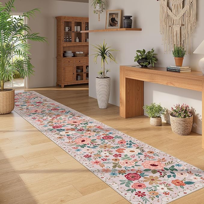 DUKINO 2x12 Washable Runner Rug, Non Slip Long Kitchen Runner Rug, Beige | Floral, Low Pile, Soft Indoor Rug Runner for Hallway, Entryway, Bedroom, Bathroom, Laundry, Pet Friendly, Modern Home Decor