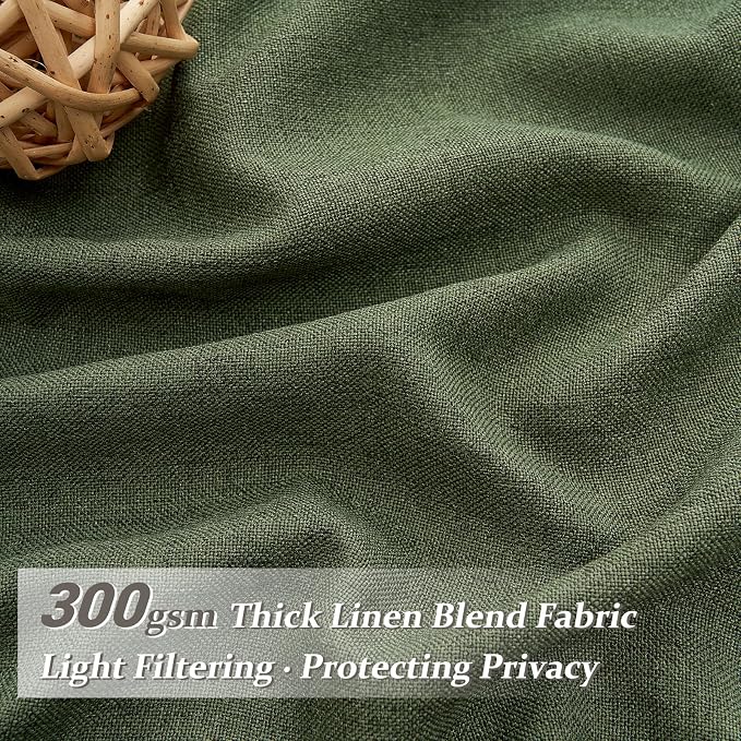 Dark Green Textured Linen Blend Curtains 102 Inches Long for Dining Room, Pinch Pleated Ceiling Track Sheer Curtains with Hooks Ring Light Filtering Drapes Olive Forest 40" W x 102" L Panels 2 Set