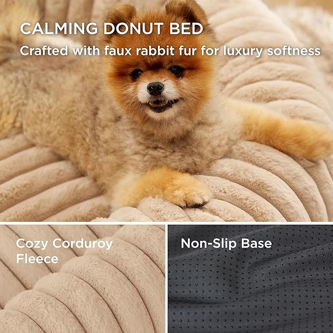 Bedsure Donut Large Dog Bed - Washable Faux Fur with Corduroy Fleece & Anti Slip Bottom, Round Pet Bed with Removable Cover, Sandy Beige, 36x36x8 inches