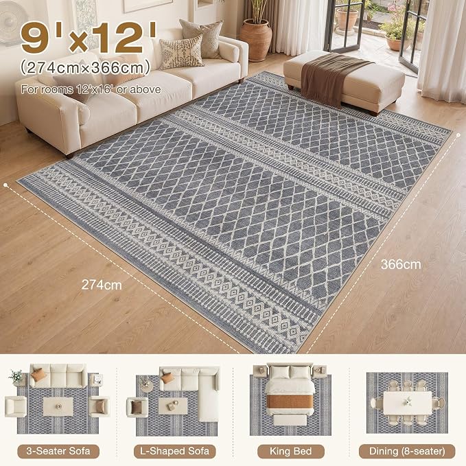 cotiled 9x12 Area Rugs Living Room Rug: Washable Boho Rugs with Non Slip Backing Large Soft Indoor Stain Resistant Carpet for Bedroom Farmhouse Dining Room Lightweight Home Decor Charcoal Grey