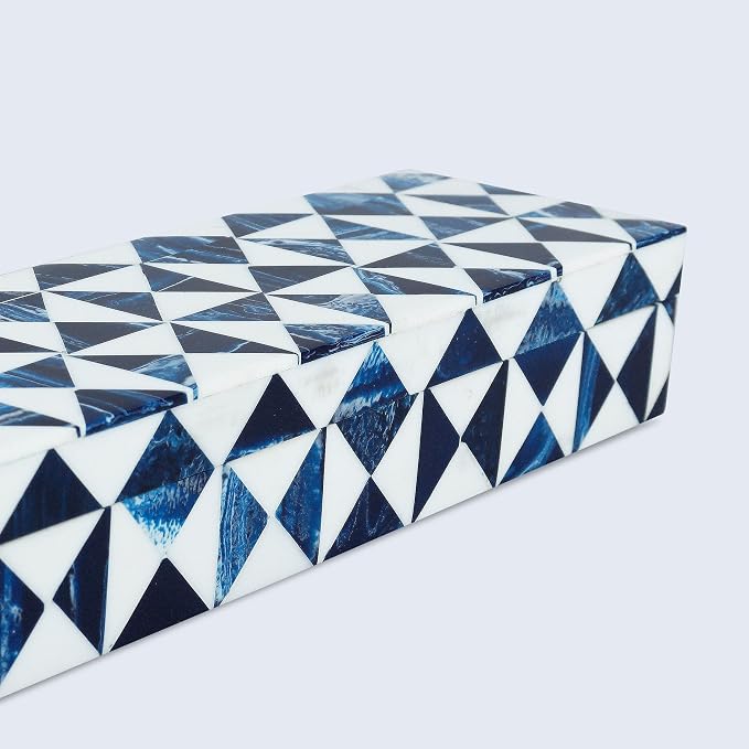 Handicrafts Home Blue and White Decorative Storage Box with Lid – Slim Remote Control Holder Box, Handmade Resin Inlay Wooden Box, Coffee Table Organizer, Small Keepsake Storage Box - 10x2.5x1.5 Inch