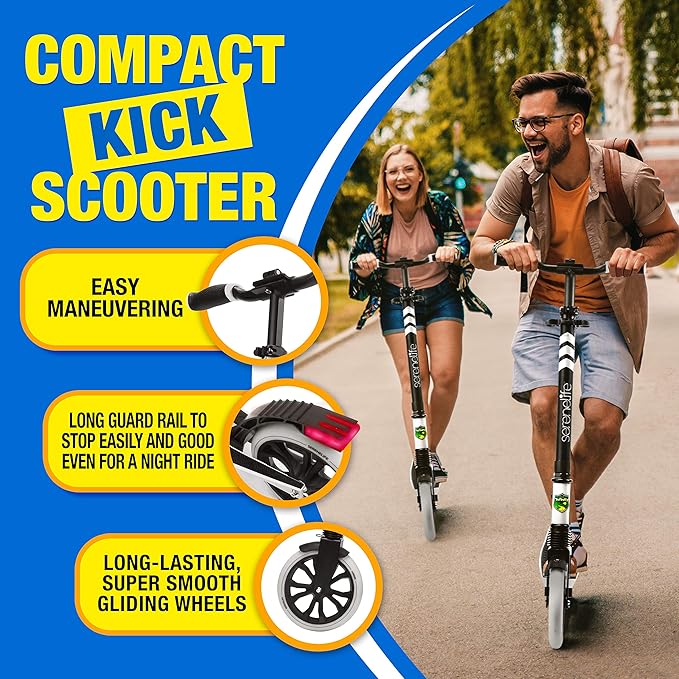 SereneLife Two Wheel Scooter for Teens, Smooth Gliding Kick Scooter for Adults w/Adjustable Height for Ages 8+, Portable All Terrain Scooter w/Carry Straps, Easy to Fold