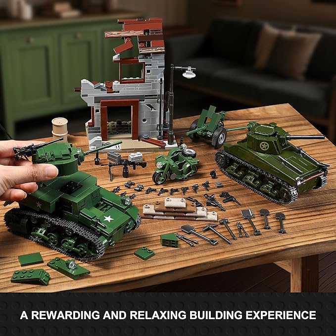 WW2 Army Tank Toys Building Sets Compatible with Lego (1452 Pieces), Includes Military Base, US Sherman & Stuart Tanks, Towed Howitzer, Motorcycle and Weapons, Great Military Toy Gifts for Boys Kids
