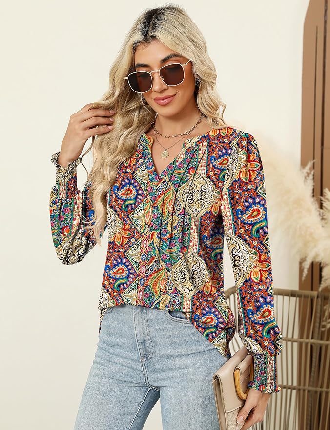 LOMON Womens Tops Dressy Casual Pleated Ruffle Long Sleeve Tunics Tops to Wear with Leggings V Neck Work Blouse