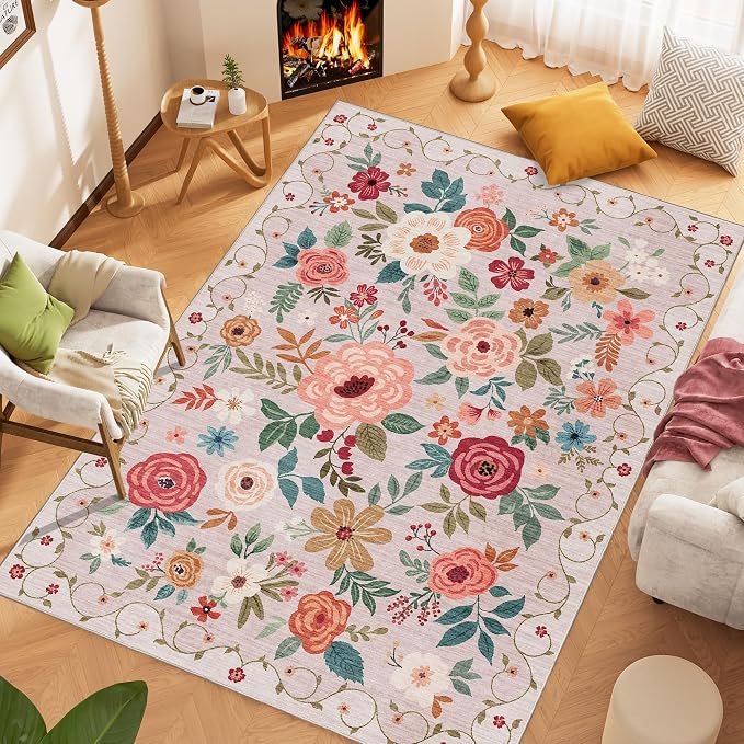 DUKINO 6x9 Area Rugs, Floral Washable Rug for Bedroom Non Slip, Beige | Soft, Low Pile, Large Indoor Rug for Living Room, Dining Room, Kids Room, Office, Pet Friendly, Home Decor, Stain Resistant