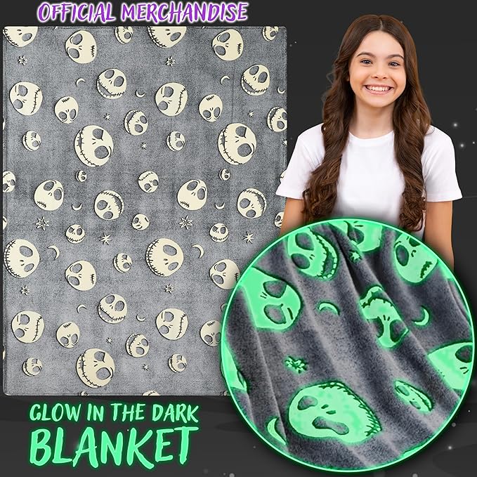 Disney The Nightmare Before Christmas Glow in The Dark Throw Blanket 51x59” for Kids Teens Adults, Soft Fleece Throw Blanket Sofa Bed, Gifts for Kids (Grey TNBC)