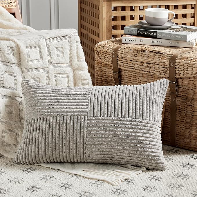 Fancy Homi 2 Packs Neutral Grey Lumbar Decorative Throw Pillow Covers 12x20 Inch for Living Room Couch Bed Sofa, Farmhouse Home Decor, Soft Striped Corduroy Rectangle Accent Cushion Case 30x50 cm