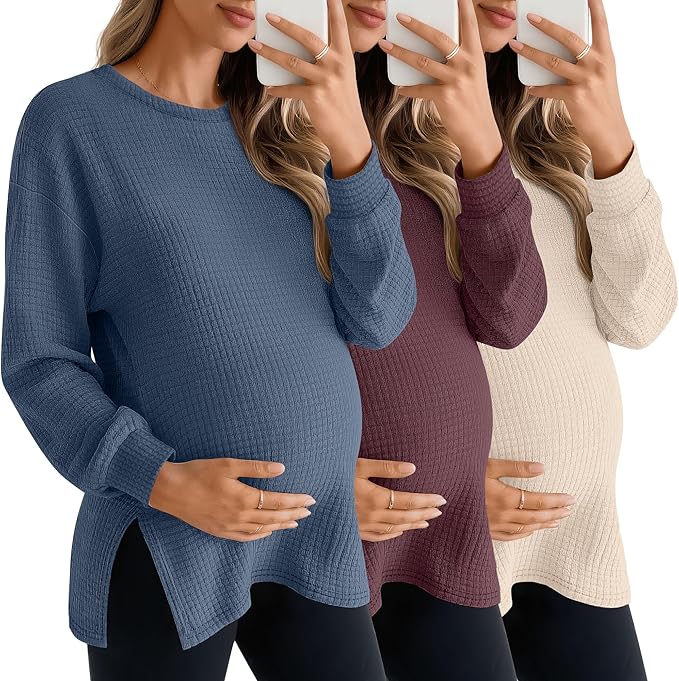 3 Pack Women's Maternity Shirts Long Sleeve Waffle Knit Side Split Oversized Tops Pregnancy Clothes Fall Tees