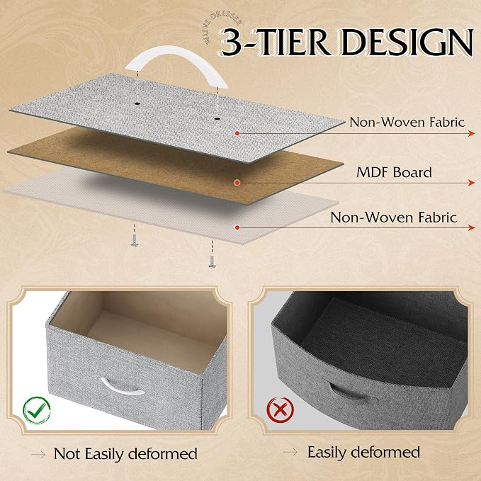 WLIVE Small Dresser Nightstand for Bedroom, 4 Drawers, Light Grey | 4 vertical fabric drawers, Space-saving tower, Bedroom or closet use, Chest of drawers, Dresser for small spaces