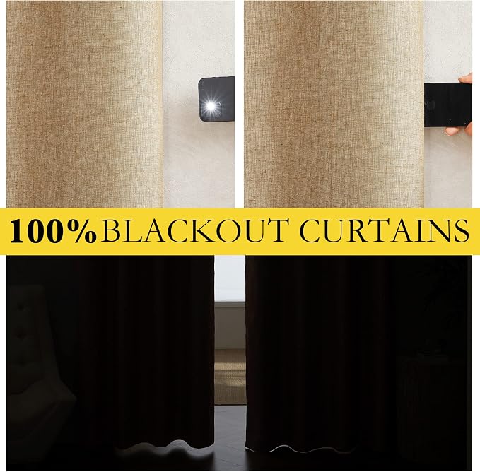 NICETOWN 100% Absolutely Blackout Linen Curtains with Thermal Insulated White Liner, Camel, W42 x L84, 2 Panels, Long Curtains 84 inch Length for Patio Door, Doorway, Office, Overnight Shiftworker