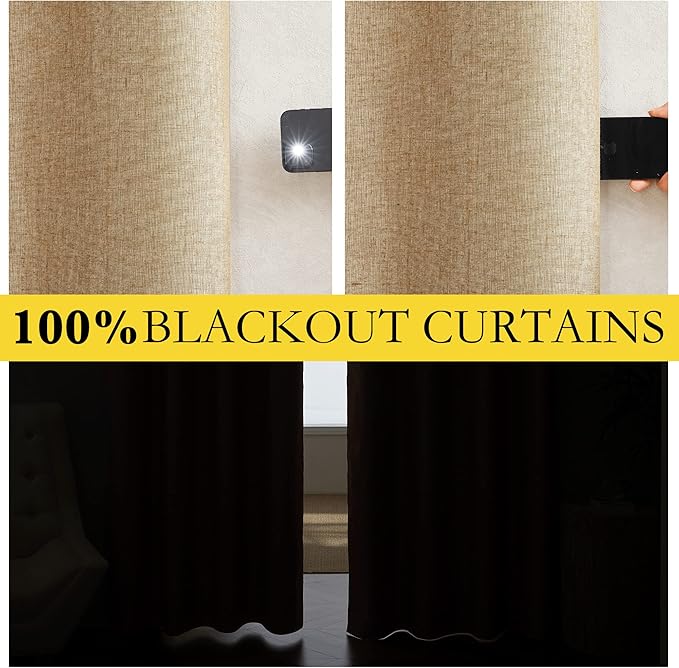 NICETOWN 100% Blackout Linen Curtains for Living Room with Thermal Insulated White Liner, Camel, 52" Wide, 2 Panels, 84" Long Drapes, Back Tab Retro Linen Curtains Vertical Drapes Privacy for Bedroom